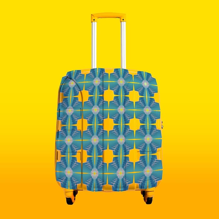 Yellow suitcase on a blue background. Travel and vacation concept in triples. Flat lay, top view.
