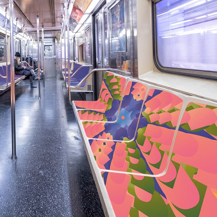 NEW YORK CITY - DECEMBER 2018: Interior of New York City subway train, wide angle view.