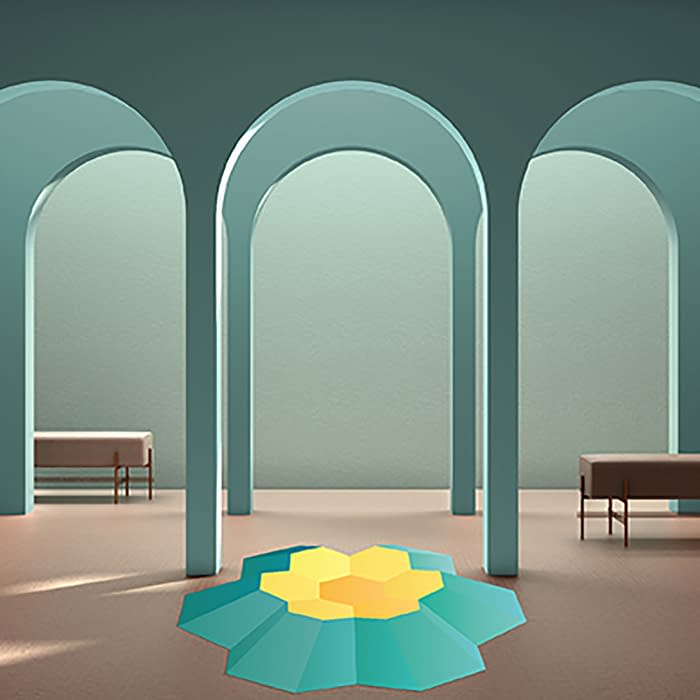 Classic eastern lobby, modern colored hall with stucco walls, interior design archways, empty space with ceramic tiles, bench, sofa, seat, blue background, arches with copy space
