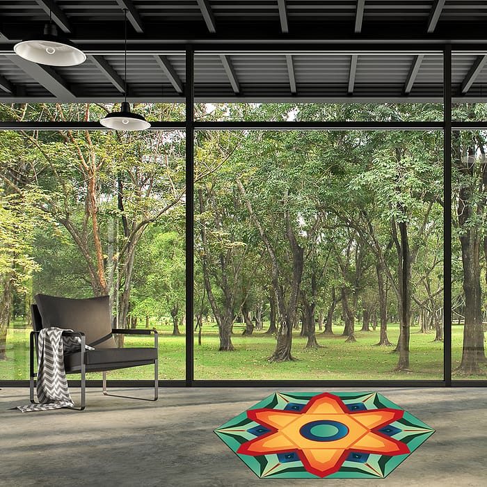 Industrial loft style empty room with garden view 3d render,There are polished concrete floors and black steel structures decorated with dark gray fabric chair with large windows surrounded by nature.